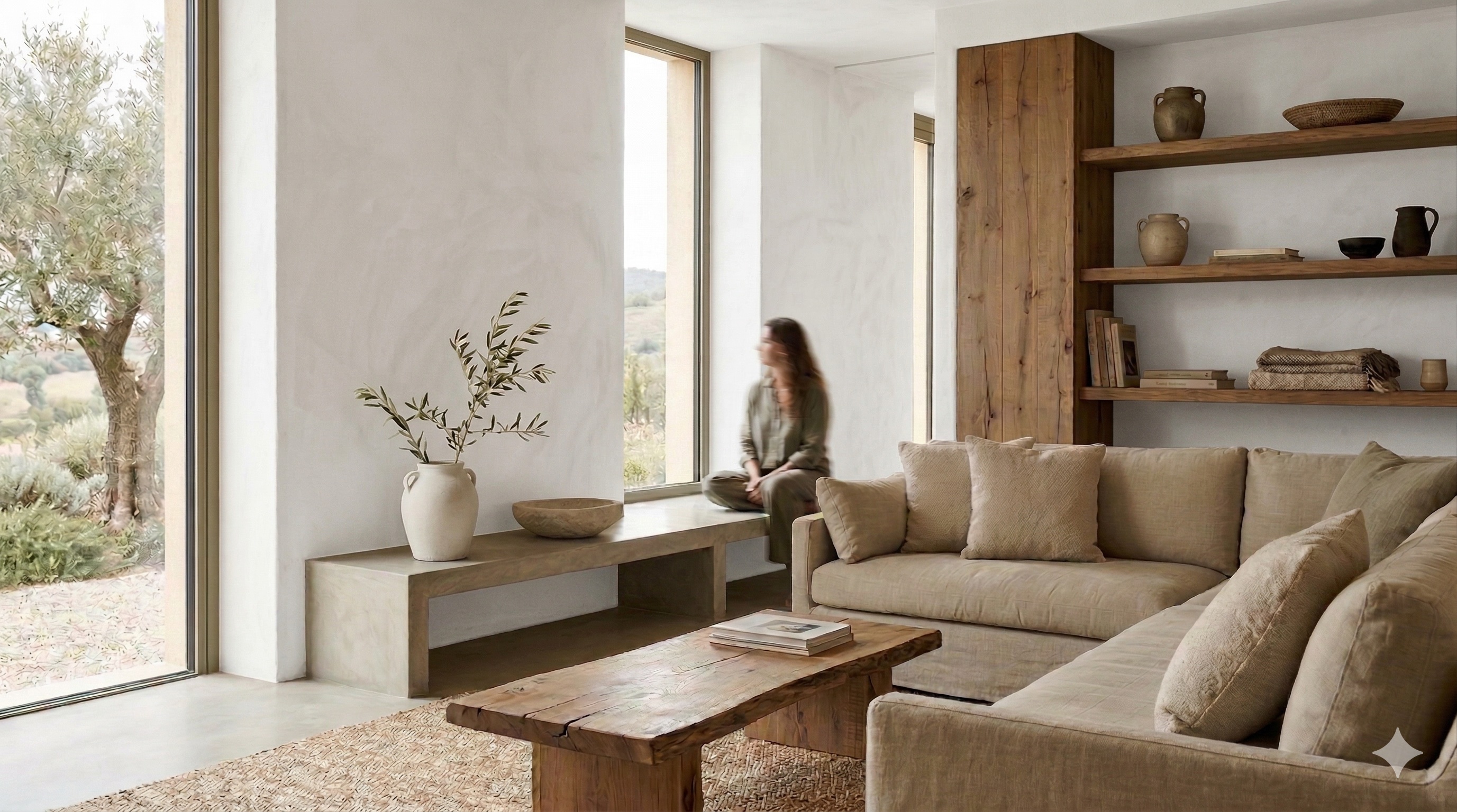 סלון מונוכרומטי בגוונים רכים עם ספסל בנוי, חלונות גבוהים, מדפי עץ ואישה יושבת ליד החלון.