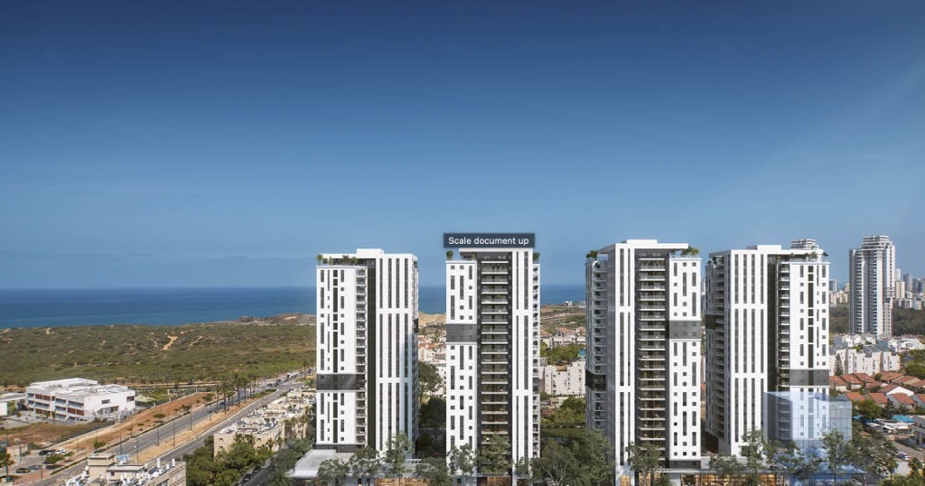 הדמיה של פרויקט סביוני השמורה עם מגדלי מגורים לבנים